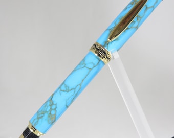 Fountain pen, "Sedona" style in Turquoise TruStone with Gold Veins running throughout, with bright gold hardware, my Item 105677