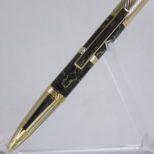 Ballpoint twist pen, &quot;Pluma&quot; style in Black TruStone with gold veins and bright gold finish hardware, my Item 103662