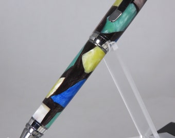 Ballpoint twist pen, "Cigar" style in a shimmery, multicolored mosaic pattern over a black background, my item 102510
