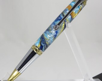 Ballpoint "Majestic Squire" style click pen colorful acrylic resin with a chrome and gold hardware finish, my Item 105376