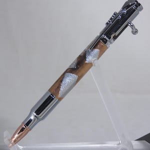 Bolt Action bullet pen, .30 caliber in a patchwork of silver and copper foils with a bright chrome hardware finish, my Item 103718