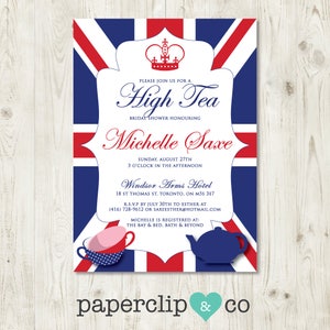 High Tea Bridal Shower Invitation, London High Tea, London, England, United Kingdom, Tea Pot, Tea Cups, Royal Crown, Crown, Patriotic image 1