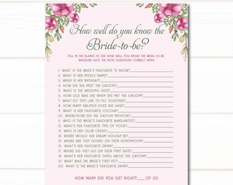 How Well Do You Know The Bride, Bridal Shower Games, Instant Download, Printable Games, Wedding Shower Games, Bridal Shower, Game Package