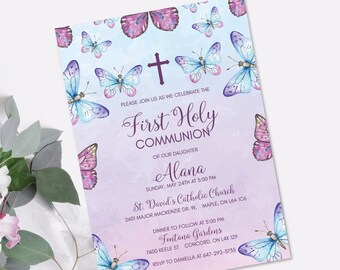 Butterfly First Holy Communion Invitation, Baptism Invite, Girl Invitation, Butterflies, Purple, Confirmation, Christening, DIY, Printable