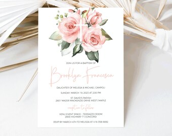 Floral with Cross Baptism Girl Invitation, Baptism Invitation, DIY, Floral Invitation, Printable Invite, Digital Download, Editable Template