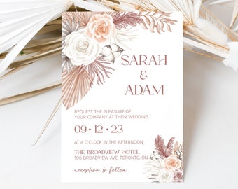 Boho Floral Wedding Invitation, Boho Wedding Invitation DIY, Pampas Invitation, Printable Invite, Digital Download, Editable Template
