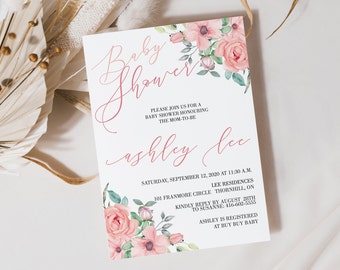 Pink Floral Baby Shower Invitation, Pink Girl Baby Shower Invite, Pink Roses Baby Shower Invite, It's A Girl Baby Shower, Printable Invite