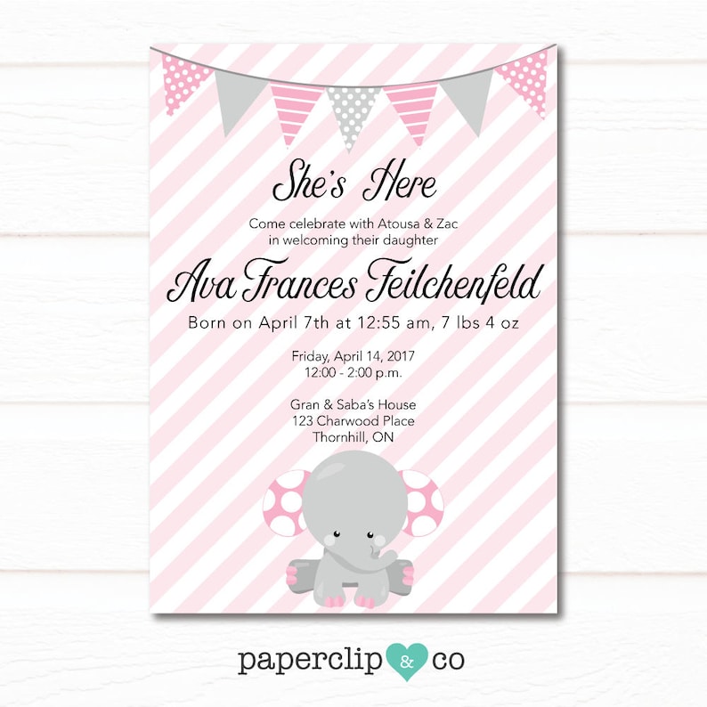 Elephant Baby Arrival Pink Stripes New Baby Invitation Meet Etsy