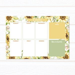 May include: A weekly planner with a sunflower and floral design. The planner has sections for Monday, Tuesday, Wednesday, Thursday, Friday, Weekend, Notes, and This Week Goals.