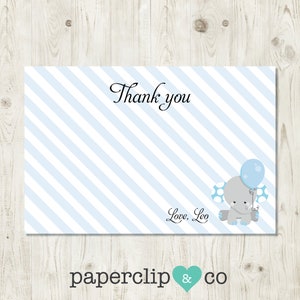 Carte de remerciement d’éléphant, bébé animal, ballon bleu, nouveau bébé, rayures bleues et blanches, invitation de garçon, polkadot merci, invitation d’animal