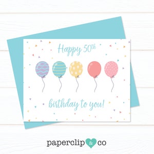 Carte de vœux joyeux 50e anniversaire avec ballons et confettis colorés, carte de vœux d’anniversaire, ballons colorés, confettis d’anniversaire, carte