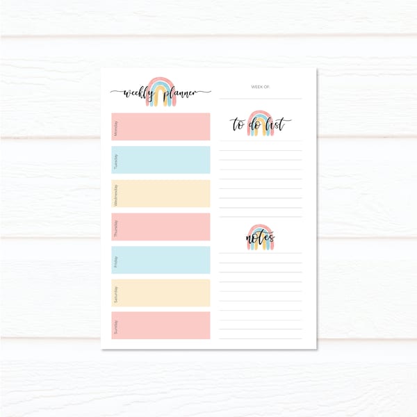 Rainbow Weekly Notepad Planner, Full Size Notepad, Weekly Planner, Blue, Yellow, Pink, Rainbow Notepad, To-Do List, Goals, Deskpad, Memo Pad