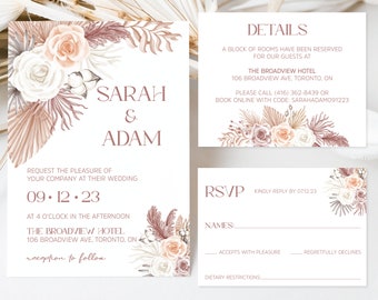 Boho Floral Wedding Invitation, Boho Wedding Invitation DIY, Pampas Invitation, Printable Invite, Digital Download, Editable Template
