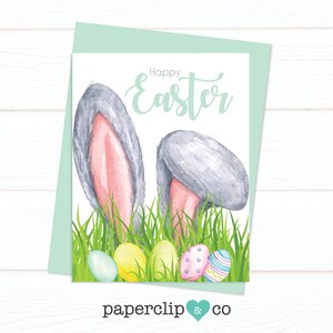 Ostergrußkarte mit Hasenohren, Gras und Ostereiern, Osterhase Karte, Grußkarte zu Ostern, Hasenohren, Gras, Ostereier
