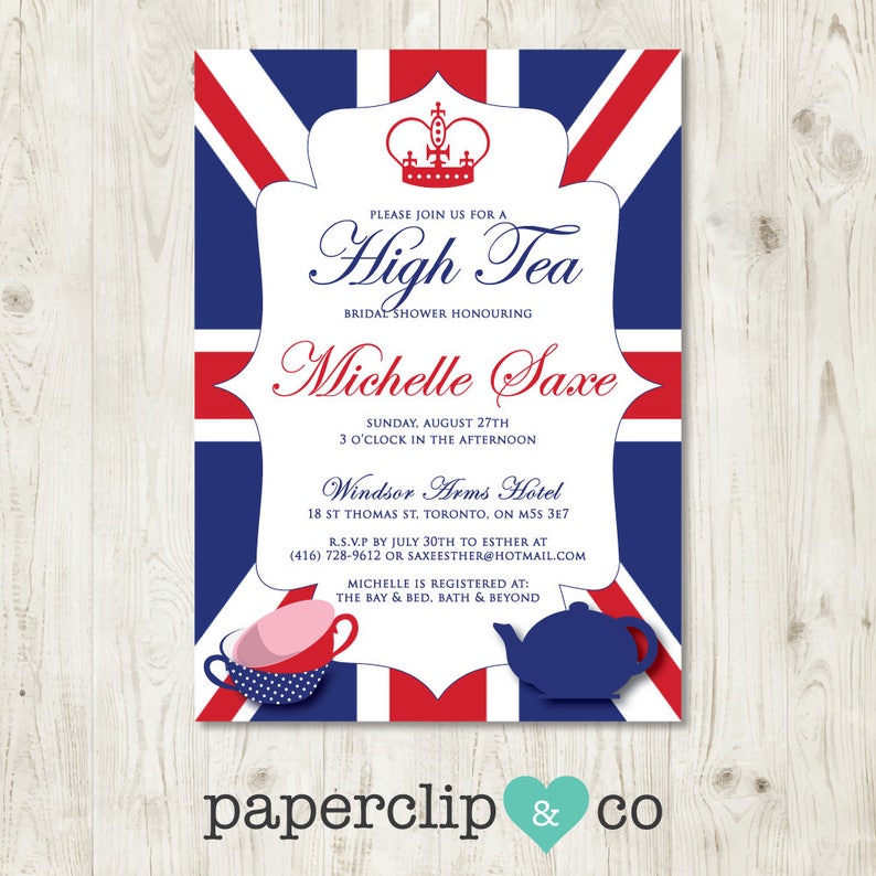 High Tea Bridal Shower Invitation, London High Tea, London, England, United Kingdom, Tea Pot, Tea Cups, Royal Crown, Crown, Patriotic image 1