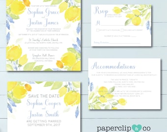 Yellow Flowers Wedding Invitation Suite, Floral Wedding Invitation, Wedding Invitation, Wedding Invitation Suite, Yellow Invitation, Lemons