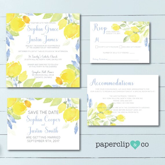 Yellow Flowers Wedding Invitation Suite, Floral Wedding Invitation, Wedding Invitation, Wedding Invitation Suite, Yellow Invitation, Lemons
