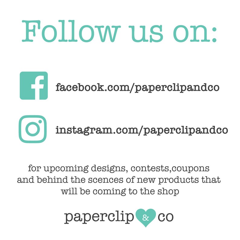 May include: White background with the text "Follow us on:" in teal. Includes Facebook and Instagram icons with corresponding URLs. The text below states "for upcoming designs, contests, coupons and behind the scenes of new products that will be coming to the shop."