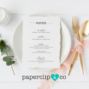Menu con bordo frastagliato, carta frastagliata, menu in carta di cotone, carta di cotone con bordi frastagliati strappati a mano, menu per cene, menu per matrimoni