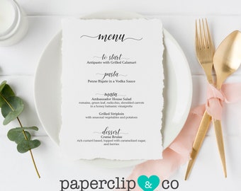 Deckled Edge Menu, Deckled Paper, Cotton Paper Menu, Cotton Paper with Hand Torn Deckled Edges, Dinner Party Menu, Wedding Menu