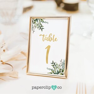 Eucalyptus Table Numbers with Gold Foil, Gold Text Table Numbers, Wedding Table Numbers - 4x6 and 5x7, DIY, Instant Download