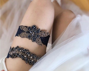 Non slip Grip! Exquisite beaded wedding garter set bridal garter navy blue Bridal garter set Wedding garter set Keepsake Garter Toss Garter