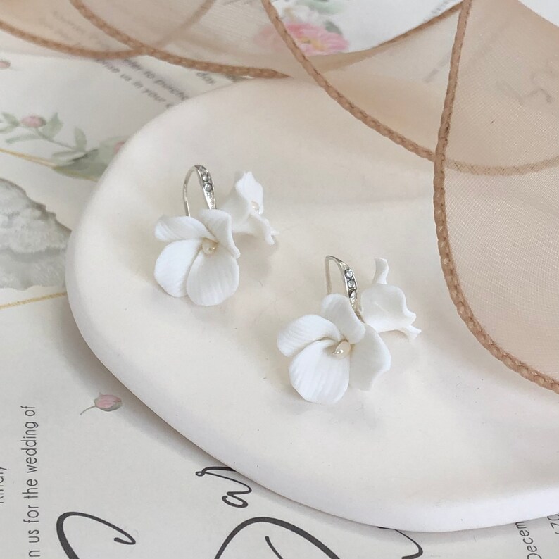 Cubic Zircon Ceramic Flower Earrings Bridal earrings Wedding Jewelry Bridesmaid Earrings wedding earrings image 2