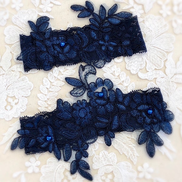 3 couleurs ! Jarretière bleu marine ensemble Champagne jarretière nuptiale ensemble dentelle Jarretière nuptiale ensemble jarretière de mariage ensemble Keepsake Garter Toss Garter