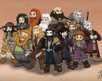 Chibi Company of Thorin Oakenshield fan art original illustration print