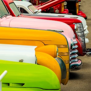 Colorful Hot Rod Hoods Parked in a Row, Street Rods at a Car Show, Automobile Fine Art Photography