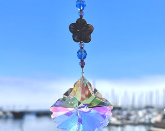 Crystal Sun Catcher-Purple and Blue Rainbow Prism-Handmade Window Hanging-Leaded Glass Decor