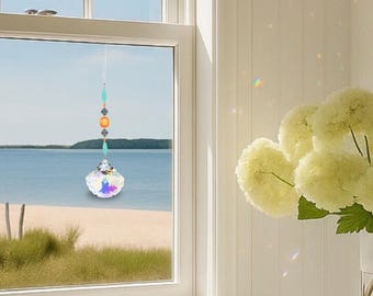 Crystal Sun Catcher-Orange and Turquoise Rainbow Prism-Handmade Window Hanging-Leaded Glass Decor