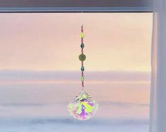 Fan Shell Crystal Suncatcher: Hibiscus Flower, Rainbow Prism Window Charm