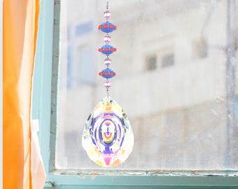 Crystal Sun Catcher: Blue, Red & Pink Beads - Handmade Rainbow Decor