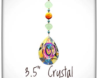 Teardrop Crystal Sun Catcher: Rainbow Window Prism with Green & Amber Beads