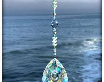 Beach Crystal Sun Catcher: Aqua, Beige Beads & Hand Blown Blue Glass
