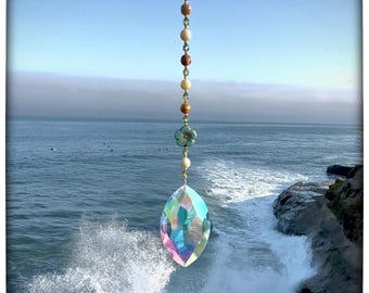 Crystal Sun Catcher: Antique Jade & Smokey Czech Glass Prism
