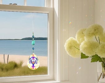 Aqua Crystal Sun Catcher: Beachy Boho Window Prism Decor