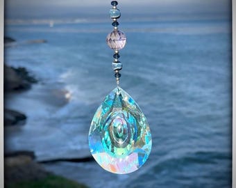 Leaded Glass Crystal Suncatcher: Blue & Steel Grey Beads, 3.5 Inch