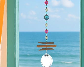 Dragonfly, Driftwood, Crystal Sun Catcher- Boho Window Decor- Coastal Garden Gift- Handmade Prism
