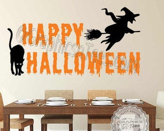 Happy Halloween Wall Stickers Party Decorations Witch Broomstick Black Cat Wall Decor Decals - 4-6-7