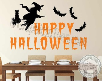 Happy Halloween Wall Stickers Party Decorations Witch Broomstick Cat Bats Wall Decor Decals - 2-5