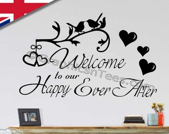 Welcome To Our Happy Ever After Home Wall Sticker Quote with Birds & Hearts Wall Art Decor Decal