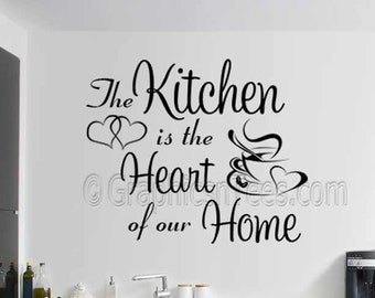 Kitchen Wall Sticker Quote, Kitchen is Heart of Our Home, Family Wall Sticker, Dining Room Home Wall Decal, With Coffee Cup and Hearts