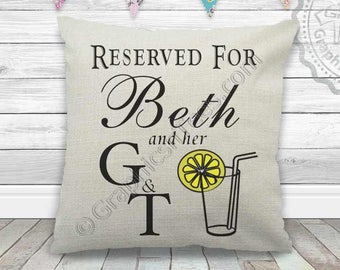 Gin and Tonic Personalised Reserved For Name and G & T Fun Quote on Quality Textured Cream Linen Cushion Ideal Personalized Gift