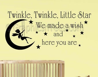 Twinkle Twinkle Little Star Nursery Wall Sticker Quote Baby Boys Girls Bedroom Wall Decor Decal with Fairy Swinging on the Moon