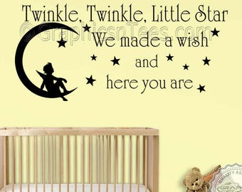 Twinkle Twinkle Little Star Nursery Wall Sticker Quote Baby Boys Girls Bedroom Wall Decor Decal with Fairy Boy Sitting on Moon