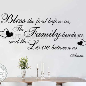 Muursticker familie, inspirerend citaat, Bless The Food Before Us, Amen, keuken, muursticker eetkamer thuis met harten