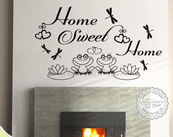 Home Sweet Home Wall Sticker Quote, Home Wall Art Decal, with Cute Frog Couple, Lilly Pads and Dragonflies