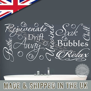 Bathroom Wall Sticker Quote Word Art Montage Wall Decor Decal, Chill Relax Unwind Drift Away Bubbles